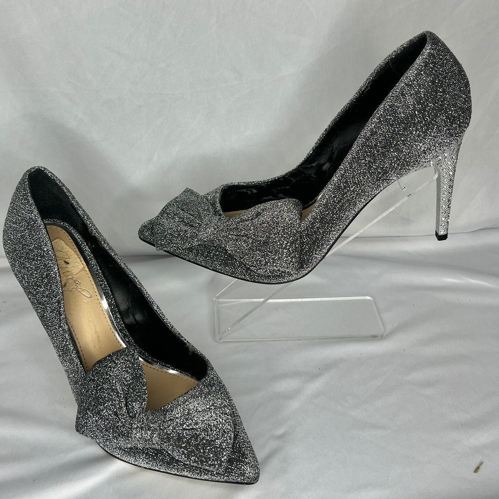 Jewel‎ Badgley Mischka Pumps Womens 5.5 Silver Glitter Rhinestone Bow Stiletto